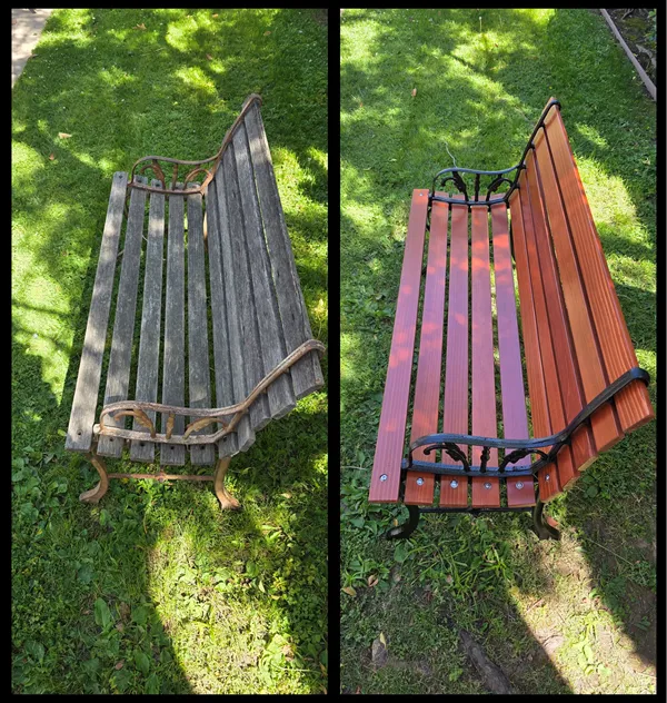 Before and after of a garden bench we did